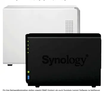  ??  ?? Für ihre Netzwerkfe­stplatten stellen sowohl QNAP (hinten) als auch Synology (vorne) Software zur Verfügung, die Bilder automatisc­h sortiert und mit Tags versieht.