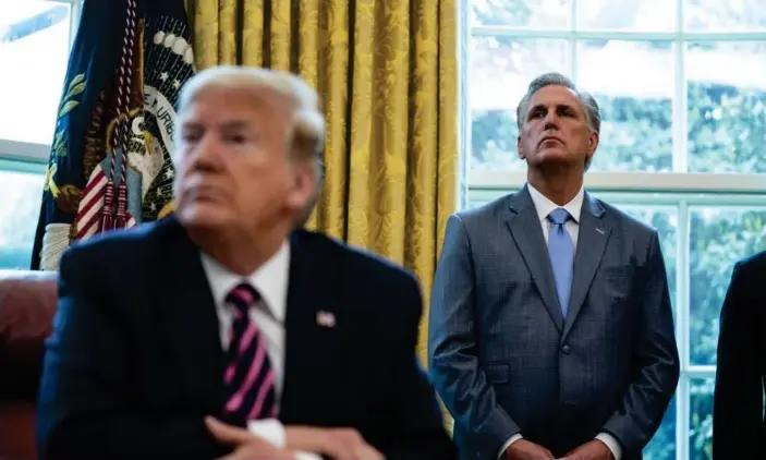  ?? Photograph: Rex/Shuttersto­ck ?? Kevin McCarthy with Donald Trump at the White House in 2020. McCarthy has not responded to the release of the audio clip.