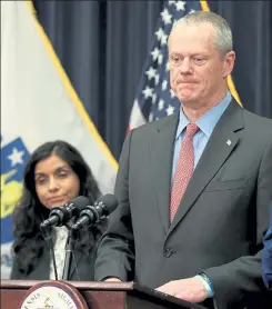  ?? NANCY LANE / BOSTON HERALD FILE ?? Gov. Charlie Baker, with Public Health Commission­er Monica Bharel, talks about the state’s response to the coronaviru­s on March 10, 2020.