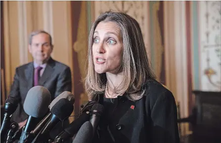  ?? J. SCOTT APPLEWHITE THE ASSOCIATED PRESS ?? Foreign Affairs Minister Chrystia Freeland speaks with reporters after meeting with the U.S. Senate Foreign Relations Committee at the Capitol in Washington, Wednesday. Freeland’s visit comes after President Donald Trump insulted Prime Minister Justin Trudeau.