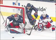  ?? [TYLER SCHANK/DISPATCH] ?? Blue Jackets goaltender Sergei Bobrovsky stops a shot by Rangers center Mika Zibanejad with defenseman Seth Jones just behind in the second period.