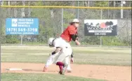  ??  ?? Farmington second baseman Blake Putnam makes the throw to first base as Siloam Springs courtesy runner Nolan Wallis ducks out of the way during an April 7 game won 4-0 by Farmington. The Cards lost 9-7 at home to Harrison April 3.