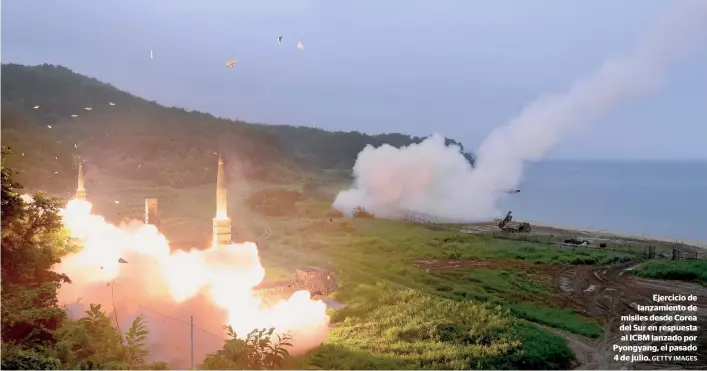  ?? GETTY IMAGES ?? Ejercicio de lanzamient­o de misiles desde Corea del Sur en respuesta al ICBM lanzado por Pyongyang, el pasado 4 de julio.