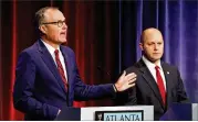  ?? CURTIS COMPTON/CCOMPTON@AJC.COM ?? Republican candidate for governor Casey Cagle (left) was secretly recorded admitting he backed legislatio­n that was “bad public policy” to block Hunter Hill (right) from a big donation.