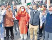  ??  ?? Leader opposition Mukesh Agnihotri and other Congress MLAs staging a walkout during the Himachal monsoon session in Shimla on Monday.