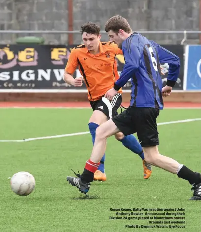  ??  ?? Ronan Keane, BallyMac in action against John Anthony Bowler , Annauscaul during their Division 2A game played at Mounthawk soccer Grounds last weekend Photo By Domnick Walsh / Eye Focus