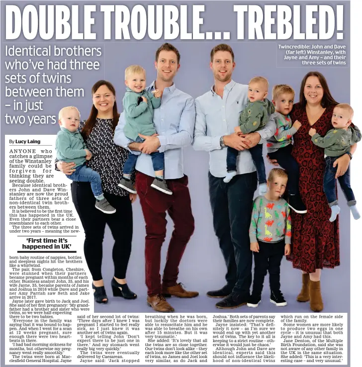  ??  ?? Twincredib­le: John and Dave (far left) Winstanley, with Jayne and Amy – and their three sets of twins