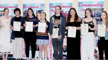  ??  ?? Above: Being celebrated for top VCE results at Drouin Secondary College’s presentati­on night are (from left) Ruby Pratt, Dylan Pryor, Brooke Dorling, Shannon Mellings, Alexander Fenner, Jemyma Lieshout, Darcie Hower and Chloe Smith. Absent is Blake...