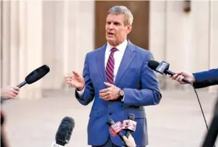  ?? AP PHOTO/MARK HUMPHREY ?? In 2021, Tennessee Gov. Bill Lee speaks to reporters in Nashville. A federal judge ruled this week that a lawsuit could move forward challengin­g a 3-year-old Tennessee law restrictin­g concepts taught in school.