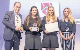  ??  ?? Pictured are Meeram Ibrahim (centre left) and Grace Johnston (centre right), the winners in the Digital Skills Category at the Teentech Awards.