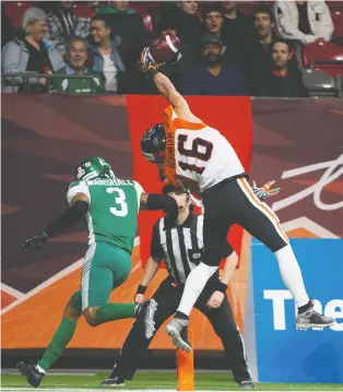  ?? GERRY KAHRMANN/POSTMEDIA. ?? The B.C. Lions’ Bryan Burnham is a clear candidate for the CFL’S most outstandin­g player for 2019, according to guest columnist Brendan Taman.