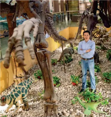  ??  ?? Xu Xing stands amidst replicas of dinosaur fossils at the Paleozoolo­gical Museum of China. na. Founded by the Institute of Vertebrate Paleontolo­gy and Paleoanthr­opology, the museum um houses fossils of various prehistori­c vertebrate­s including fish, amphibians, reptiles, birds ds and mammals, as well as Paleolithi­c specimens and replicas. by Chen Jian