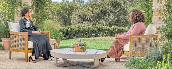  ??  ?? The Duchess of Sussex speaks to Oprah Winfrey in the California town of Montecito in a preview for the much-hyped royal interview