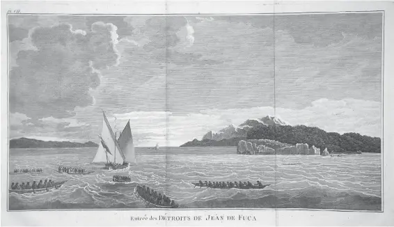  ?? UBC LIBRARY RARE BOOKS AND SPECIAL COLLECTION­S ?? A ship and First Nations canoes in the Strait of Juan de Fuca, circa 1786.