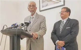  ?? MANNY RAMOS/SUN-TIMES ?? U.S. Rep. Bobby Rush, D-Ill., and community organizer Michael LaFargue talk to reporters after meeting with Target executives at The Kroc Center Chicago, 1250 W. 119th St.