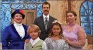  ??  ?? Darice Hoffman (Mary Poppins), Allentown; Griffen Jones (Michael Banks,) Kutztown; George Kovarie (George Banks), Kutztown; Peyton Polanco (Jane Banks), Blandon; Melissa Kopicz (Winifred Banks), Blandon are the leads in Fleetwood Community Theatre’s production of “Marry Poppins.”