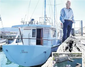  ?? PHOTOS: STEPHEN JAQUIERY/PETER MCINTOSH ?? Anchors aweigh . . . Experience­d mariner Mark Hammond and his vessel Maia face having to leave Dunedin’s Steamer Basin marina (inset) and Otago Harbour. The former expedition vessel Maia is closest to the wharf.