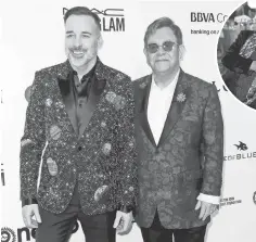  ?? TIBRINA HOBSON, AFP/ GETTY IMAGES ?? David Furnish and Elton John arrive Sunday to host their 25th annual Academy Awards viewing party, which raises money for the Elton John AIDS Foundation. Quincy Jones and model Petra Nemkova, inset, were among the A- list guests.