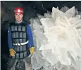  ??  ?? Scientist Mario Corsalini with the crystals that were found in a Mexican cave