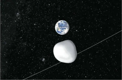  ?? FOTO: DPA- ?? Die Animation der Nasa zeigt den Asteroid 2012 TC4 (vorn), der 2017 nahe an der Erde vorbeigefl­ogen ist. Nach Berechnung­en von Wissenscha­ftlern geschah dies in der astronomis­ch relativ knappen Entfernung von 44 000 Kilometern.