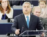  ?? LaPresse ?? Baubau populistaI­l leader ungherese Orbán dinanzi al Parlamento di Strasburgo