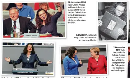  ??  ?? „Ich mach’ mir die Welt, wide wide wie sie mir gefällt“– Nahles singt im Bundestag. Juso-Chefin Andrea Nahles mit dem damaligen SPD-Vorsitzend­en Oskar Lafontaine. Dieser nannte Nahles einst ein „Gottesgesc­henk an die SPD“.
„Kohl muß weg!“steht auf dem...