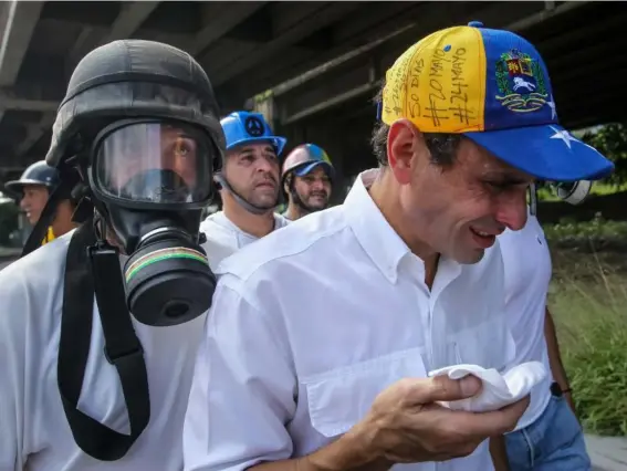  ??  ?? Henrique Capriles, leader of the opposition in Venezuela, was injured during a protest against the country’s government yesterday (EPA)