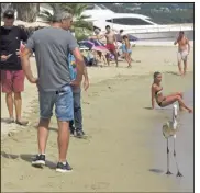 ??  ?? Le flamant est resté sur la plage toute la matinée, sous les yeux étonnés des usagers. Devant son inertie, des employés du restaurant l’ont pris en charge. (Photos DR)