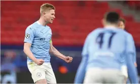  ??  ?? Kevin De Bruyne celebrates the first goal. Photograph: Getty Images
