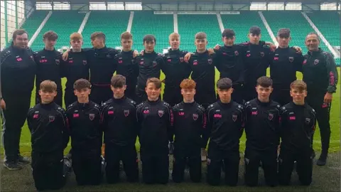  ??  ?? The Wexford Under-15 squad and mentors in Easter Road, home of Hibernian F.C., on their recent visit to Scotland.