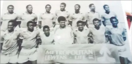  ??  ?? The Rock of Gibraltar... Shomeya (3rd from left - back row) with all conquering Benfica outfit before their historic victory against Black Africa in the Metropolit­an Life Cup, at the Windhoek stadium in 1987. Back row from left: Draka Shetekela, Licky Gideon, Abraham Shomeya Sem-Ambiga (+d), Puli Subeb, Karel ‘Tatakes’ Kanyemba (+d), Jomo Gideon, Lovey Uushona. Kneeling from left: Festus Kavindjima (capt.), Thomas Ochurub (+d), Martin #Hoebeb, Mof Shailemo, Nikita Hivei, Willy Nependa, Ryder Kambanda.