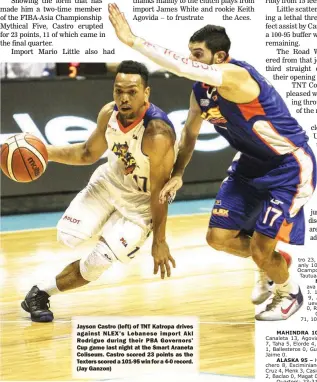  ??  ?? Jayson Castro (left) of TNT Katropa drives against NLEX’s Lebanese import Akl Rodrigue during their PBA Governors’ Cup game last night at the Smart Araneta Coliseum. Castro scored 23 points as the Texters scored a 101-95 win for a 4-0 record. (Jay...