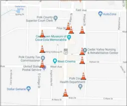  ?? / Google Maps ?? Right: Expect to use South College Street and Philpot Streets as detours around downtown Cedartown as road closures on Main Street begin on May 30 at exactly midnight, and continue for 48 hours. The traffic cones represent likely road blocks.