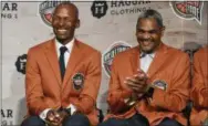  ?? JESSICA HILL — THE ASSOCIATED PRESS ?? Basketball Hall of Fame inductees Ray Allen, left, and Maurice Cheeks laugh as they sit together during a news conference at the Naismith Memorial Basketball Hall of Fame on Thursday in Springfiel­d, Mass.