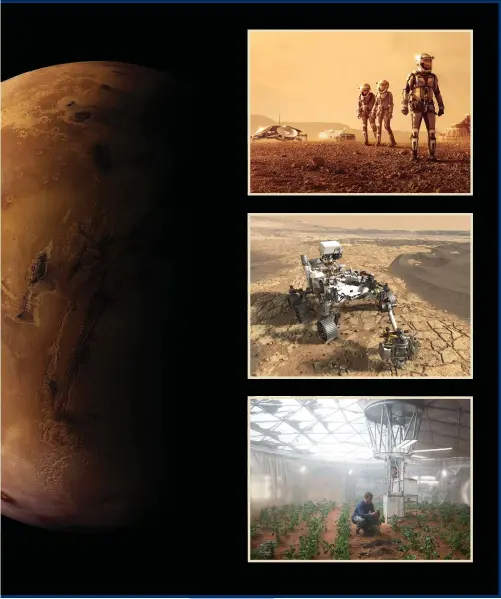  ??  ?? Matt Damon, opposite page, and these images from the 2015 film The Martian show how life might be sustained if humans make it to Mars, but tests on plants, left, would need to be made beforehand