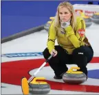  ?? The Associated Press ?? Manitoba skip Jennifer Jones contemplat­es a shot against Team B.C. at the Scotties Tournament of Hearts in Calgary, Sunday.