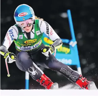  ?? FRANK GUNN/THE CANADIAN PRESS ?? Mikaela Shiffrin of Vail, Colo., displays gold-medal winning form in Sunday’s women’s World Cup super G race at Lake Louise. She edged Ragnhild Mowinckel by nearly eight tenths of a second.