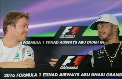  ?? Photo by Ryan Lim ?? Nico Rosberg (left) and Lewis Hamilton at the press conference of the 2016 Formula 1 Etihad Airways Abu Dhabi Grand Prix at Yas Marina Circuit. —