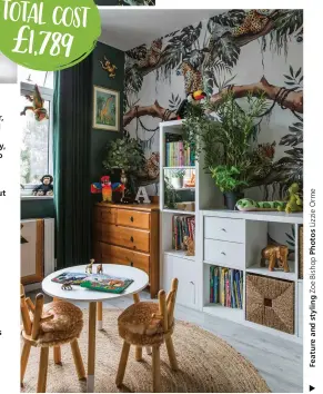 ??  ?? The wall mural blends grown-up style and childfrien­dly motifs, so will work for Arlo as he gets older. Lisa has incorporat­ed plenty of storage, choosing an IKEA unit with movable baskets and doors