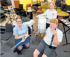  ?? Photo / Laurilee McMichael ?? Three Taupo¯ student musicians have been accepted to be part of the New Zealand Youth Symphonic Winds Concert Band. From left: Flautist Eden Chester, 17, percussion­ist Kylie Bathe, 16, and bass clarinetis­t Joseph Craggs, 16.