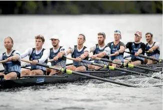  ?? CHRISTEL YARDLEY/STUFF ?? The New Zealand men’s eight training squad in action at Lake Karapiro.