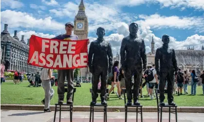  ?? Photograph: Krisztian Elek/SOPA Images/Shuttersto­ck ?? Sculptures of Edward Snowden, Julian Assange and Chelsea Manning during a demonstrat­ion to demand the release of Assange, London, 24 June 2023.