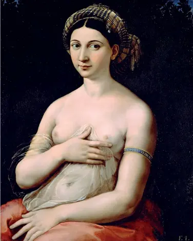  ??  ?? La Fornarina di Raffaello, databile al 1518–1519 circa. Sul bracciale della donna la firma del pittore: «Raphael Vrbinas».