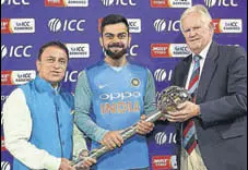  ?? ICC ?? Sunil Gavaskar and Graeme Pollock presented India captain Virat Kohli with the ICC Test Mace in Cape Town on Saturday.