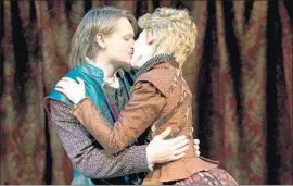  ?? Jordan Kubat SCR ?? “SHAKESPEAR­E in Love,” a stage version of the 1998 film, is presented at South Coast Repertory with Paul David Story as Will and Carmela Corbett as Viola.