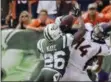  ?? BILL KOSTROUN — THE ASSOCIATED PRESS ?? New York Jets defensive back Marcus Maye breaks up a pass to Denver Broncos’ Courtland Sutton during Sunday’s game.