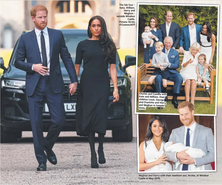  ?? ?? Charles and Camilla with Kate and William, their children Louis, George and Charlotte and Harr y and Meghan in happier times.
Meghan and Harry with their newborn son, Archie, at Windsor Castle in May 2019.