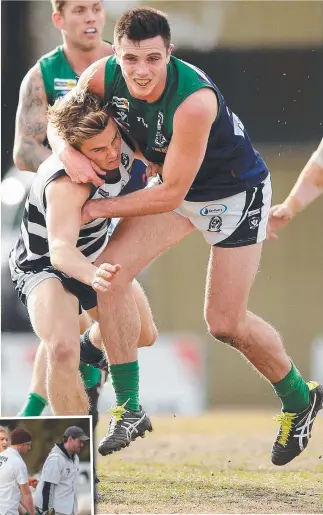  ?? Pictures: ALISON WYND ?? WHAT A GRAB: Close checking between St Mary’s and Lara. Inset: St Mary’s forward Jesse Travaglini is stretchere­d from the ground in the last quarter.