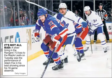  ?? Getty Images ?? IT’S NOT ALL
BAD: A silver lining in the Rangers’ 7-3 loss to the Maple Leafs on Tuesday was the performanc­e of Adam Fox in his best showing since his 10-game absence.