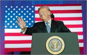  ?? ALEX BRANDON/AP PHOTO ?? President Donald Trump waves before speaking Wednesday about tax reform at the Farm Bureau Building at the Indiana State Fairground­s in Indianapol­is.